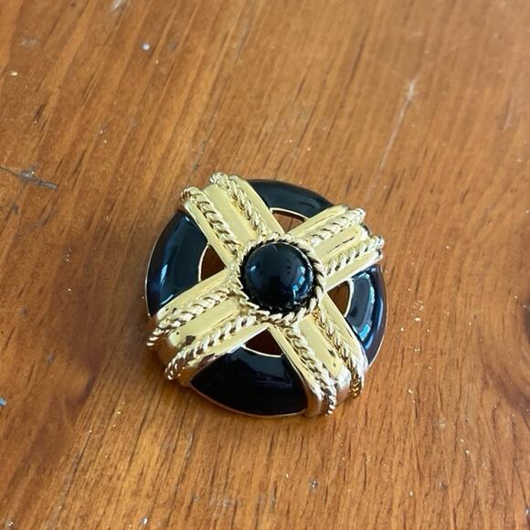 Monet Jewelry - Vintage Signed Monet Cross Black Cabochon Enamel Gold Plated Brooch RARE